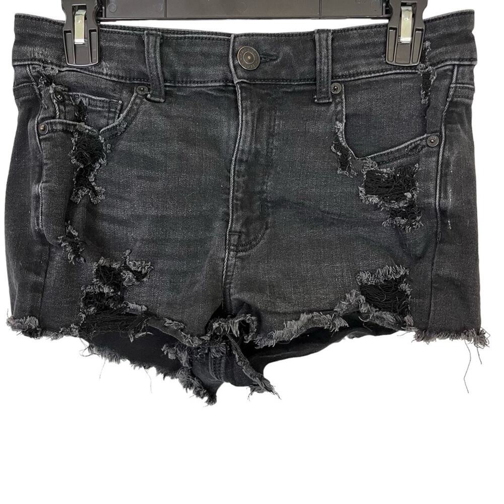 American Eagle Hi Rise Shortie Black Distressed Cut Off Goth Jean Shorts sz 6